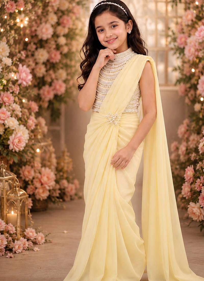 Yellow embroidered georgette drape saree set