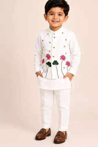 White embroidered silk blend kurta jacket set