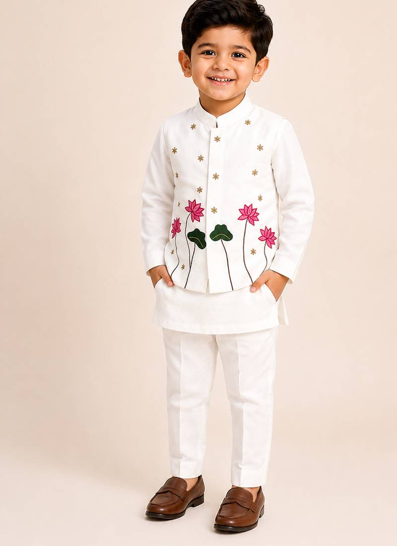 White embroidered silk blend kurta jacket set