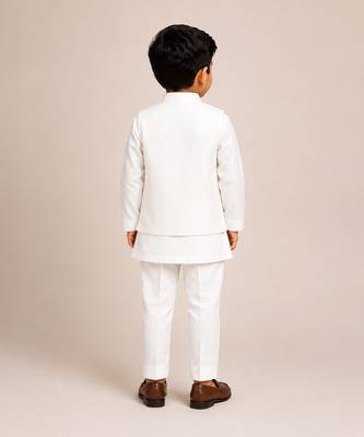 White embroidered silk blend kurta jacket set 2