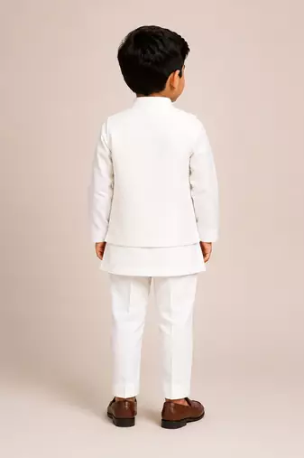 White embroidered silk blend kurta jacket set