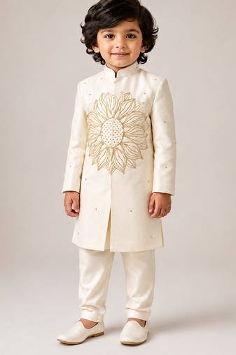 Off white embroidered silk blend sherwani set
