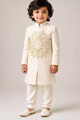 Off white embroidered silk blend sherwani set