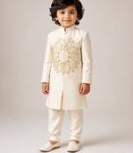 Off white embroidered silk blend sherwani set
