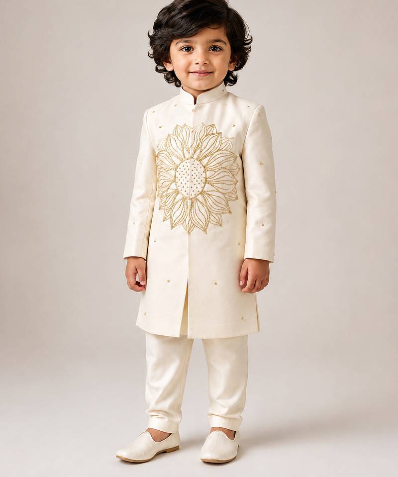 Off white embroidered silk blend sherwani set