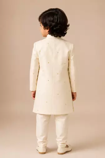 Off white embroidered silk blend sherwani set