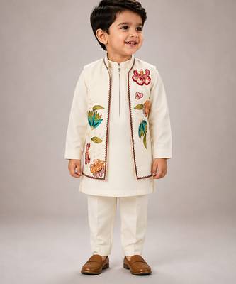 Off white embroidered silk blend kurta jacket set 1