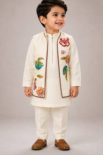 Off white embroidered silk blend kurta jacket set