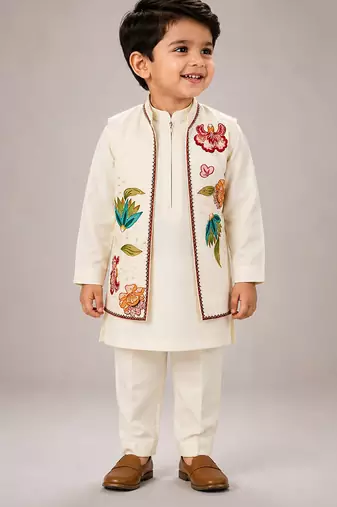 Off white embroidered silk blend kurta jacket set