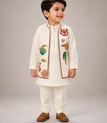 Off white embroidered silk blend kurta jacket set