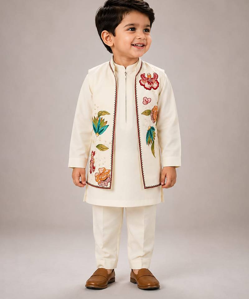 Off white embroidered silk blend kurta jacket set