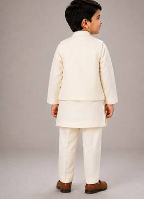 Off white embroidered silk blend kurta jacket set 2