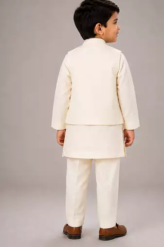 Off white embroidered silk blend kurta jacket set
