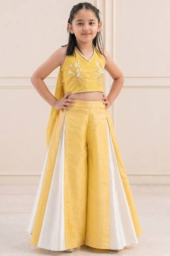 Yellow embroidered silk blend co ord set