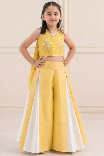 Yellow embroidered silk blend co ord set