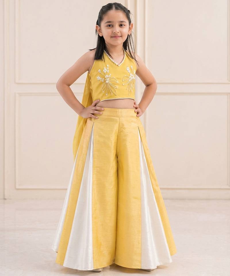 Yellow embroidered silk blend co ord set