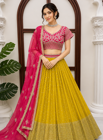 Mustard thread with Sequnce Work Foux Gorgette Lehenga Choli Set