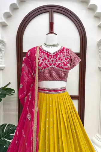 Mustard thread with Sequnce Work Foux Gorgette Lehenga Choli Set