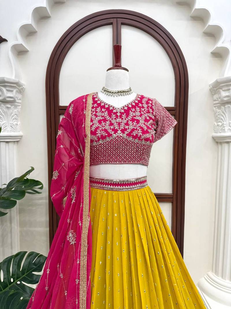 Mustard thread with Sequnce Work Foux Gorgette Lehenga Choli Set