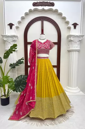 Mustard thread with Sequnce Work Foux Gorgette Lehenga Choli Set