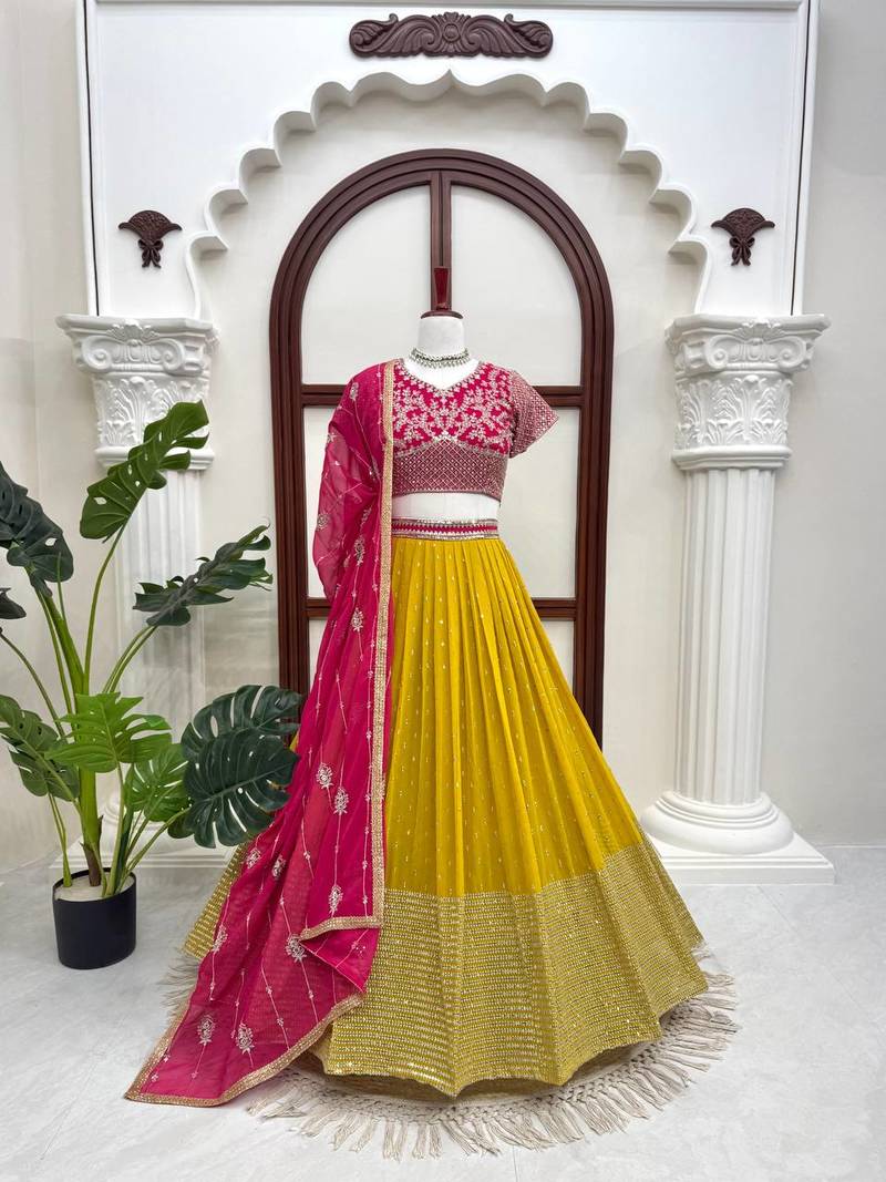 Mustard thread with Sequnce Work Foux Gorgette Lehenga Choli Set