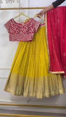 Mustard thread with Sequnce Work Foux Gorgette Lehenga Choli Set 4