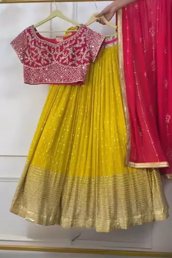 Mustard thread with Sequnce Work Foux Gorgette Lehenga Choli Set