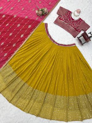 Mustard thread with Sequnce Work Foux Gorgette Lehenga Choli Set 5