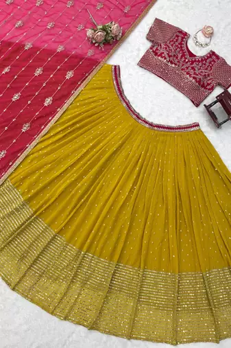Mustard thread with Sequnce Work Foux Gorgette Lehenga Choli Set