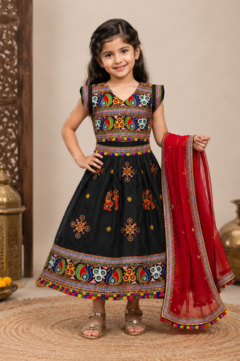 Black embroidered cotton traditional kids lehenga choli with blouse 