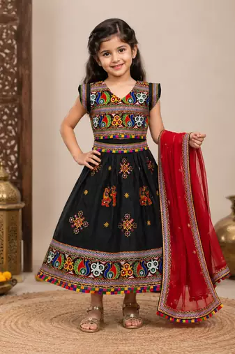 Black embroidered cotton traditional kids lehenga choli with blouse 