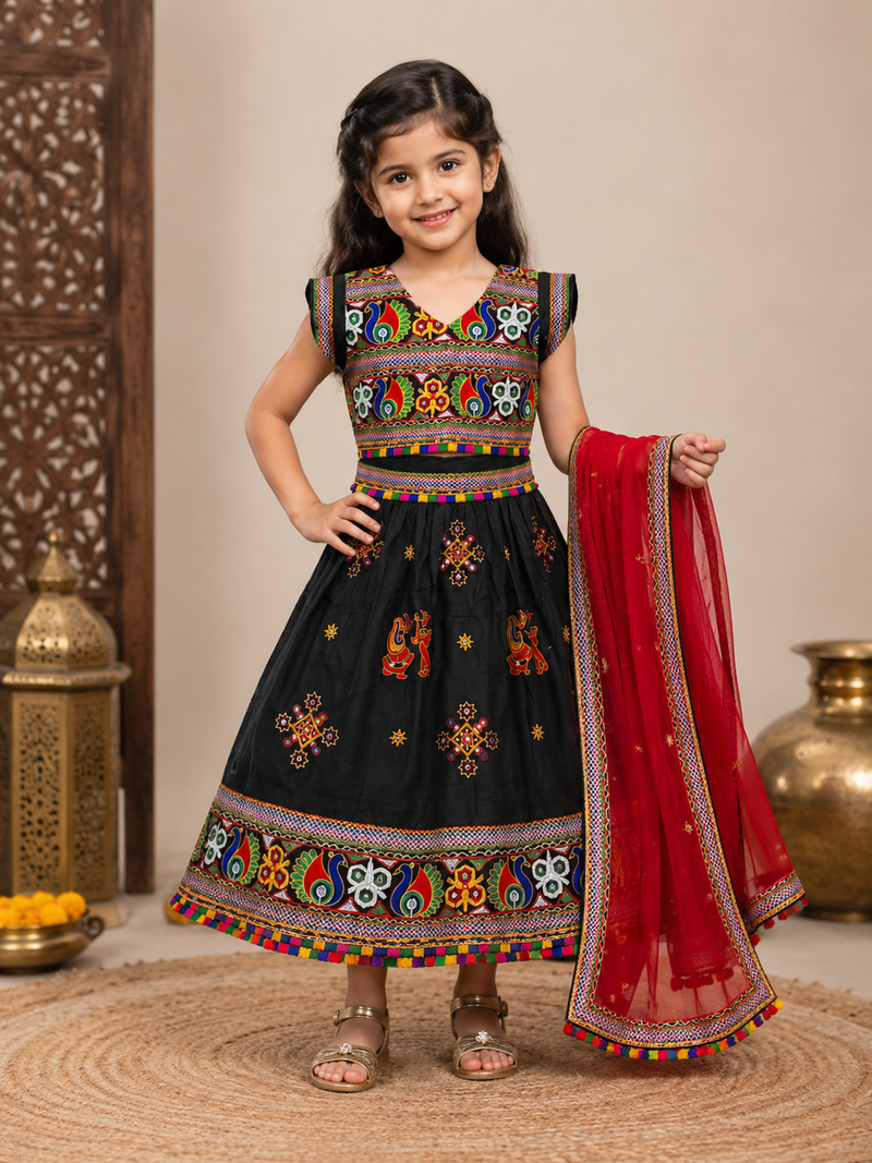 Black embroidered cotton traditional kids lehenga choli with blouse 