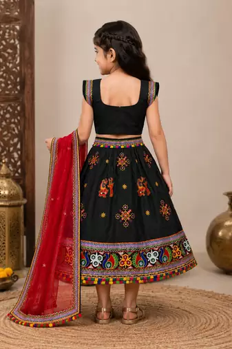 Black embroidered cotton traditional kids lehenga choli with blouse 