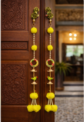 handmade yellow genda door hanging with parrot design for home decoration pack of 4 1