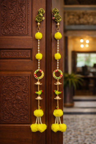 handmade yellow genda door hanging with parrot design for home decoration pack of 4