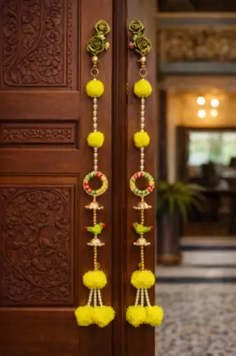 handmade yellow genda door hanging with parrot design for home decoration pack of 4