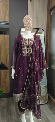 Women's georgette sequins embroidered kurta pant with dupatta set 4