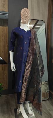 Women's art silk woven motiff kurta pant with dupatta set 5