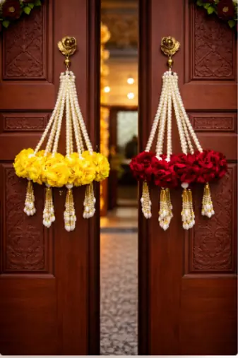 artificial red velvet rose flower pearl tassel home hanging decoration pack of 2