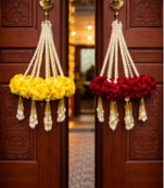 artificial red velvet rose flower pearl tassel home hanging decoration pack of 2