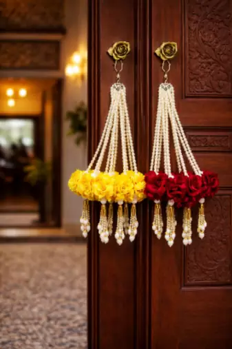 artificial red velvet rose flower pearl tassel home hanging decoration pack of 2