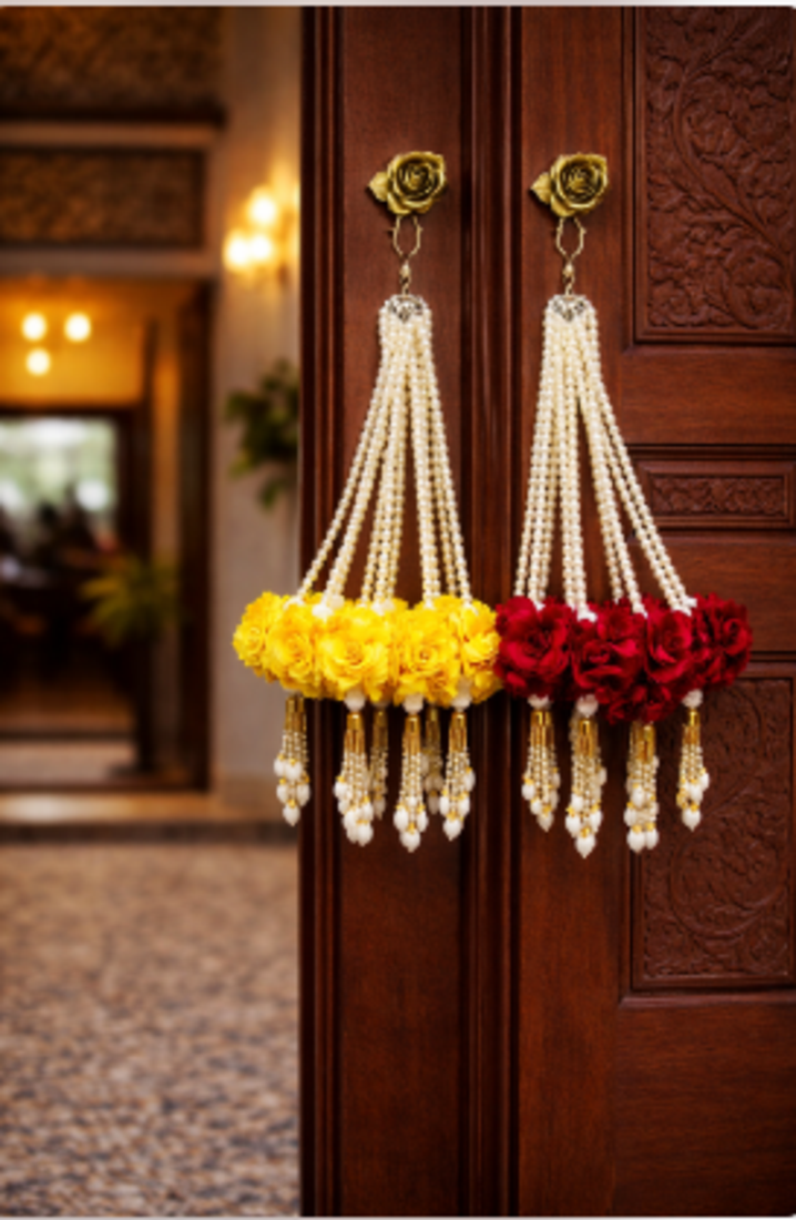 artificial red velvet rose flower pearl tassel home hanging decoration pack of 2