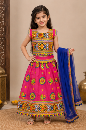 Pink embroidered cotton traditional kids lehenga choli with blouse 