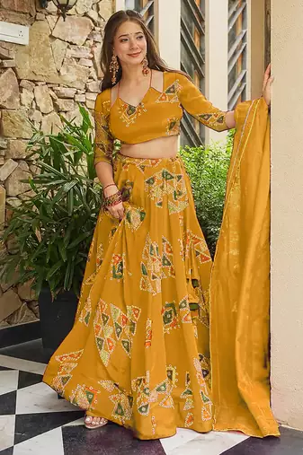 Yellow Digital Print Silk Lehenga choli