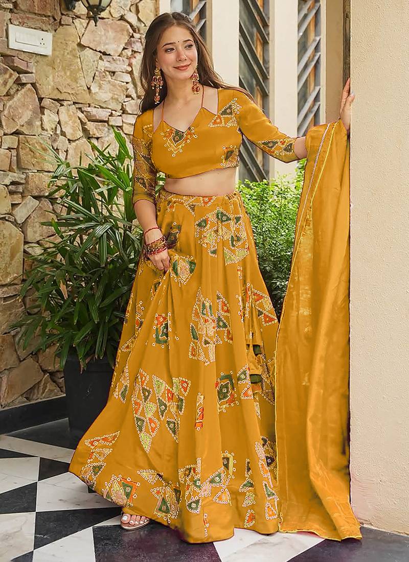 Yellow Digital Print Silk Lehenga choli