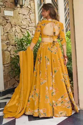 Yellow Digital Print Silk Lehenga choli