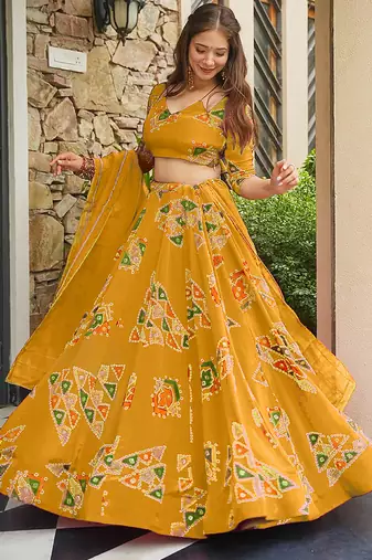 Yellow Digital Print Silk Lehenga choli