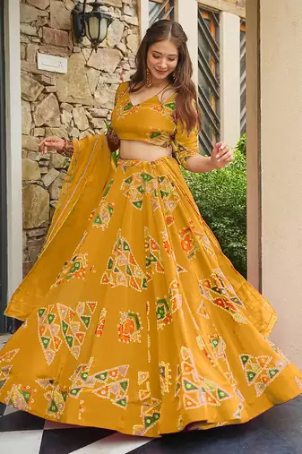 Yellow Digital Print Silk Lehenga choli