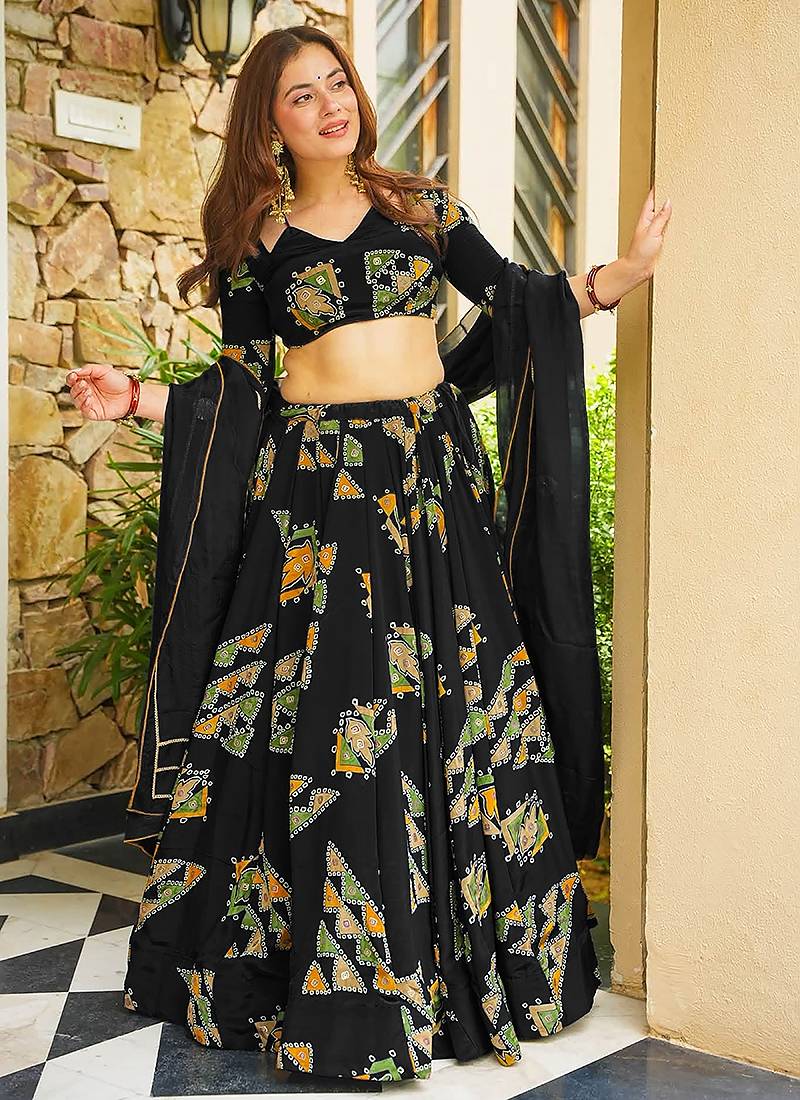 Black Digital Print Silk lehenga choli