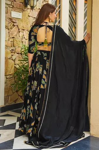 Black Digital Print Silk lehenga choli